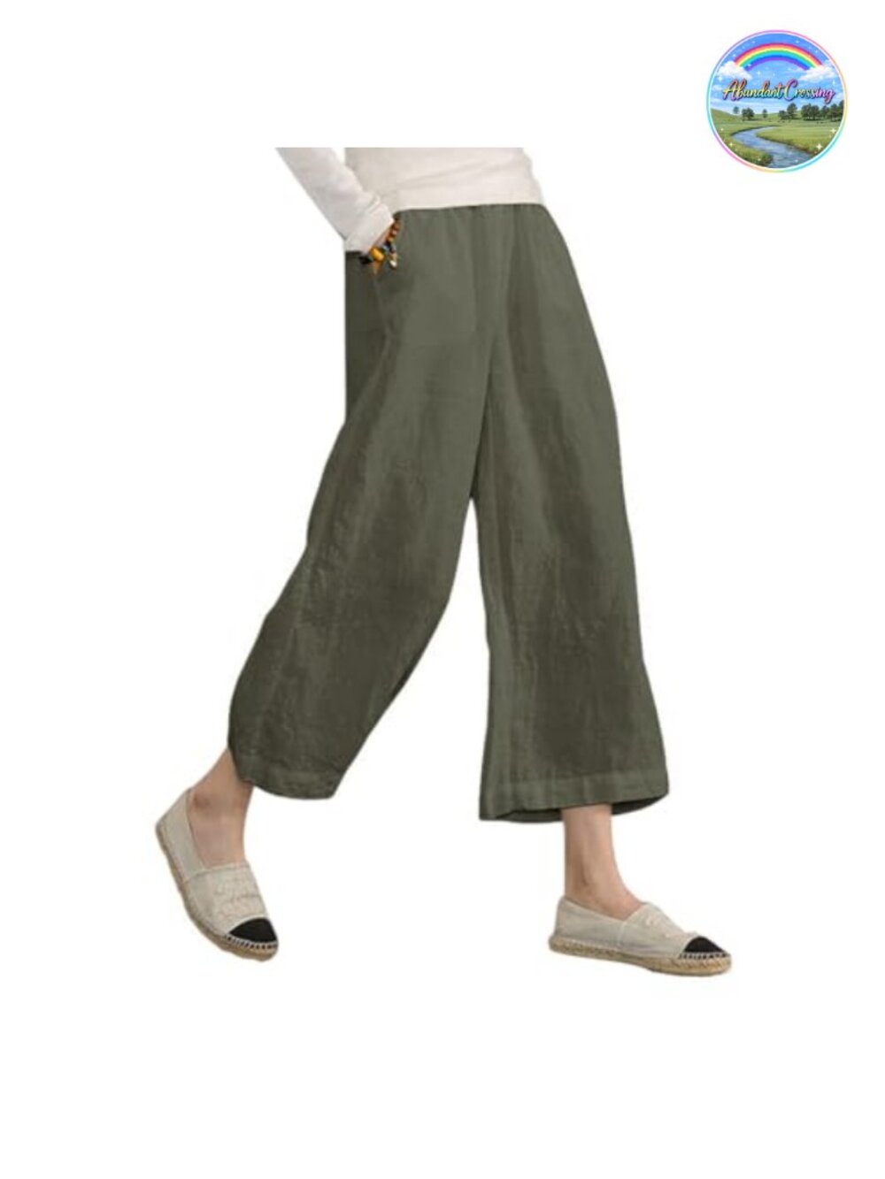 Linen Blend Cropped Pants Loose Wide Leg High Waist With Pockets